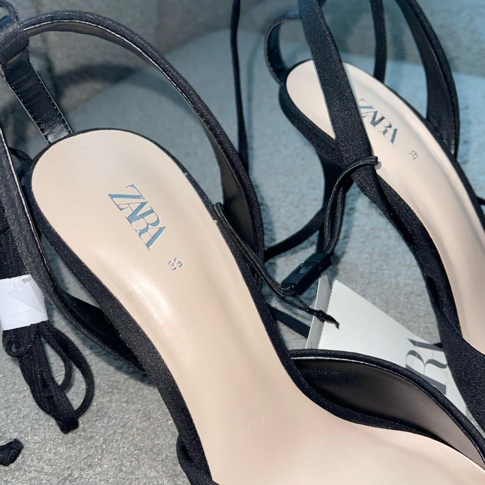 Zara Black Satin Pointed Slingback Heels with Crystal Brooch - Picture 16 of 16